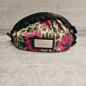 Leopard Print Cosmetic Bag with Pink Floral Accents